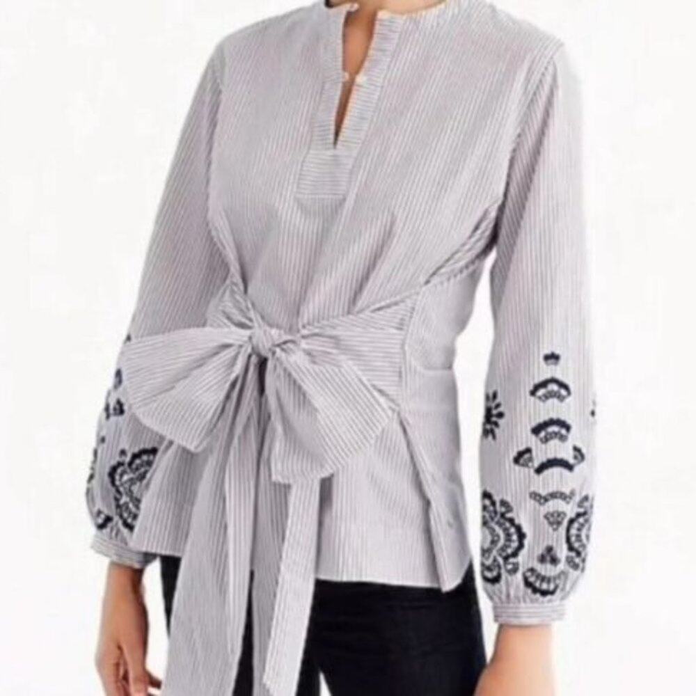 J. Crew long sleeve pullover tie button front striped embroidered tunic top XS